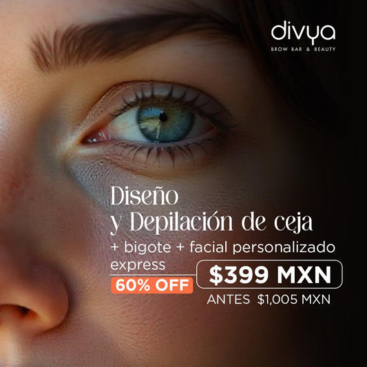 Diseño + Depilación de Ceja + Depilación de Bigote + Facial ExprésPersonalizado (sin aparatología)